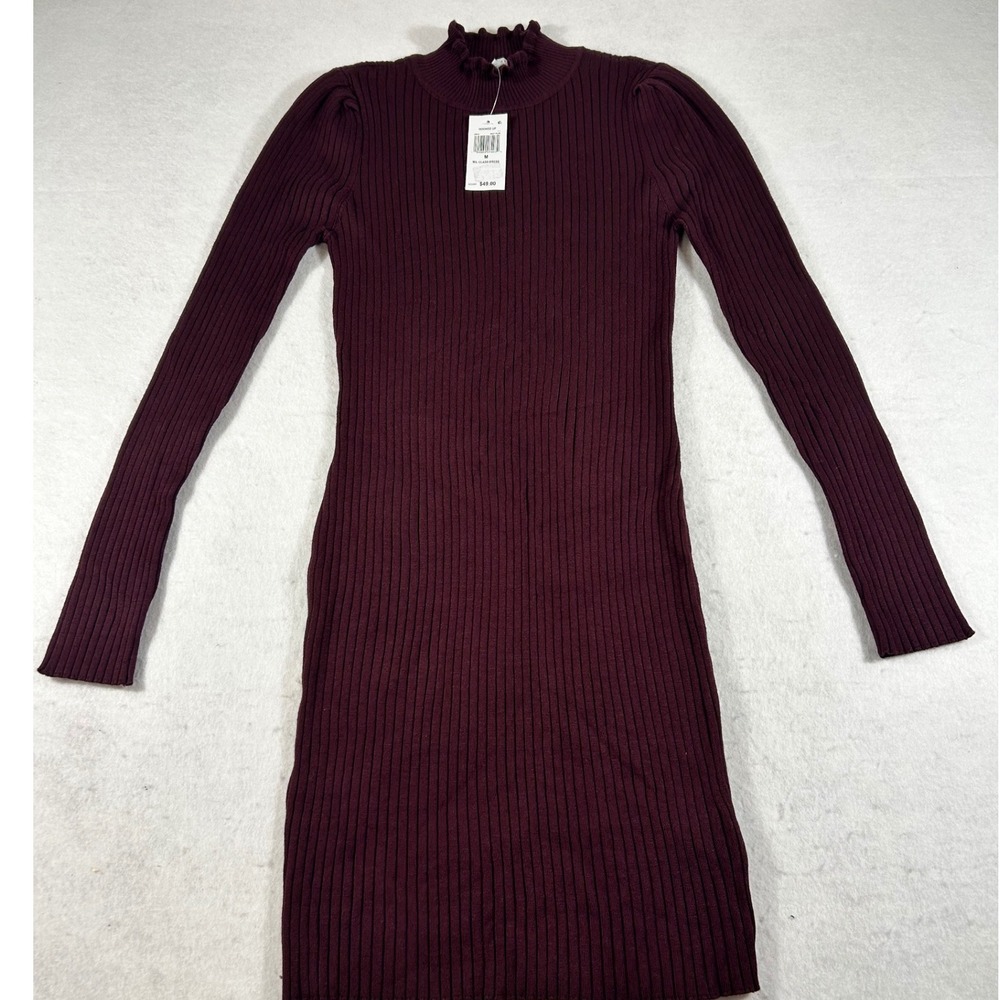 Hooked Up Rib Knit Sweater Dress Medium Beet Plum Mock Neck Puff Sleeve NWT